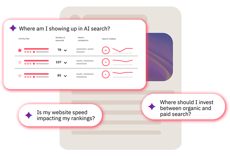 Siteimprove SEO dashboard showing AI search visibility, keyword performance, website speed impact, and organic versus paid search insights.