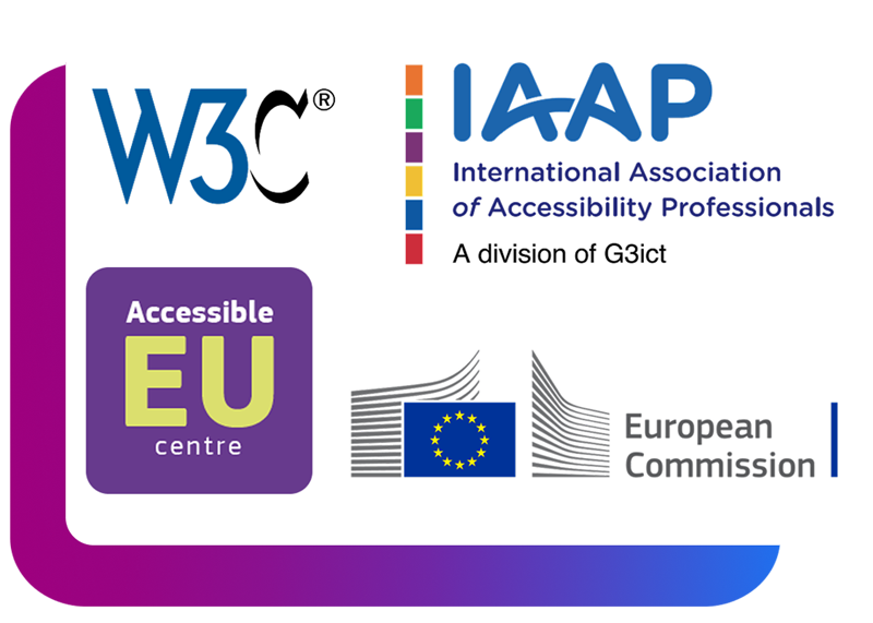 Logos of W3C, IAAP, Accessible EU Centre, and European Commission representing global web accessibility standards and organizations.