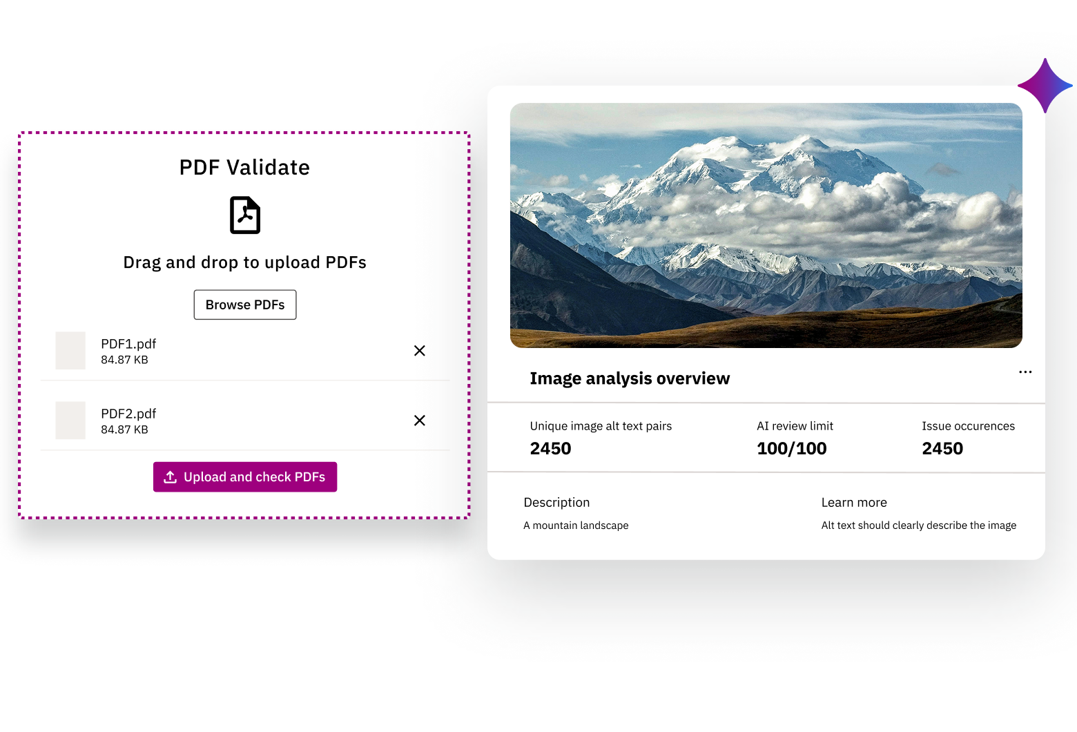 Siteimprove PDF validation and image analysis dashboard showing uploaded PDFs, alt text checks, and accessibility issue detection.