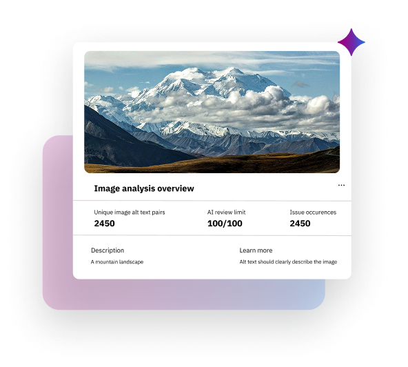 Image analysis dashboard displaying a mountain landscape example and metrics for alt‑text quality.