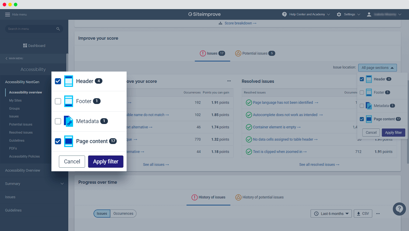 Screenshot of accessibility issues filtered by content from the website's header and main content