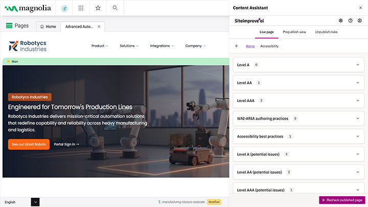 Siteimprove Content Assistant accessibility overview showing WCAG issue levels and best practice checks in Magnolia CMS.
