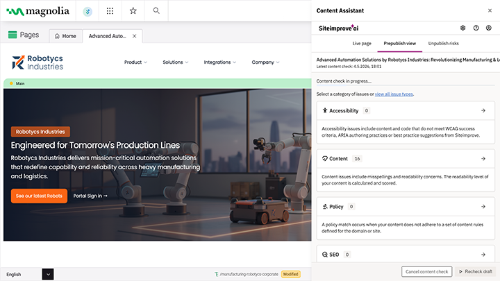 Siteimprove Content Assistant displaying content, accessibility, policy, and SEO issue categories in Magnolia CMS.
