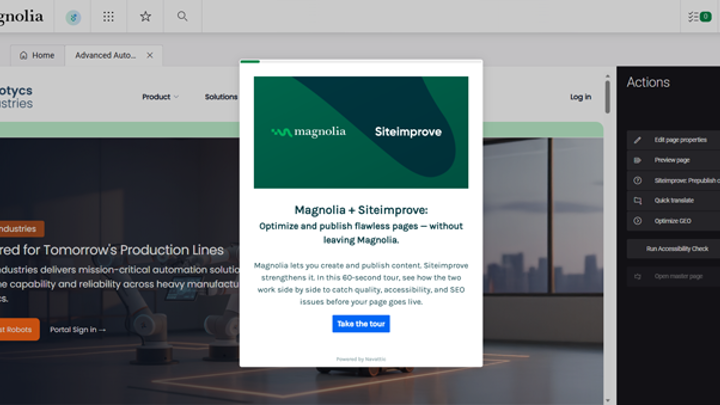 Magnolia CMS page showing a Siteimprove guided tour popup for optimizing and publishing pages without leaving Magnolia.