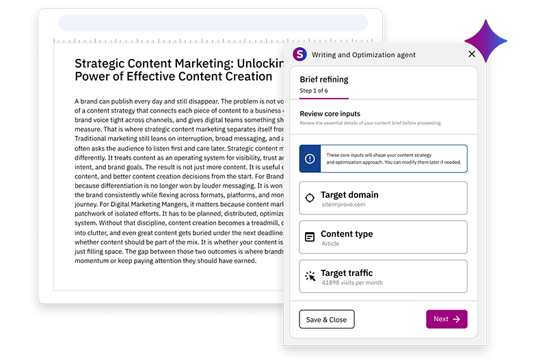 Writing and optimization agent interface reviewing content brief inputs beside a strategic content marketing article draft.