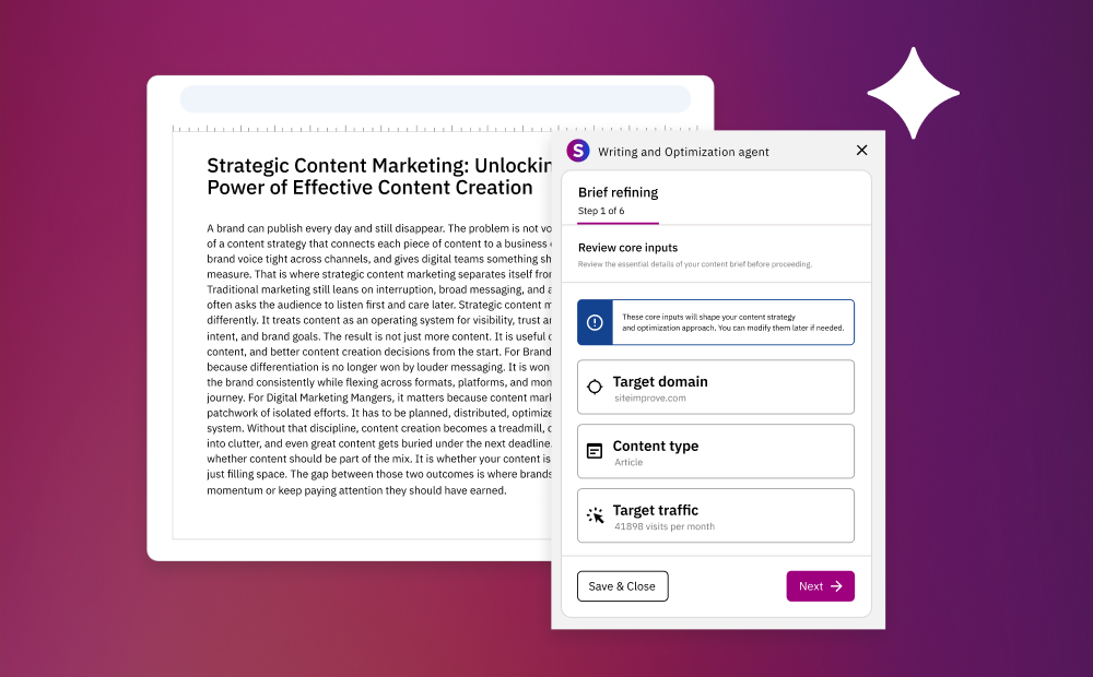 Siteimprove.ai Writing and Optimization Agent panel open alongside a draft article, showing Step 2 of 6 in the Brief refining workflow. Core content input fields are visible for review domain, content type, and target traffic, with the article draft displayed in the background editor.