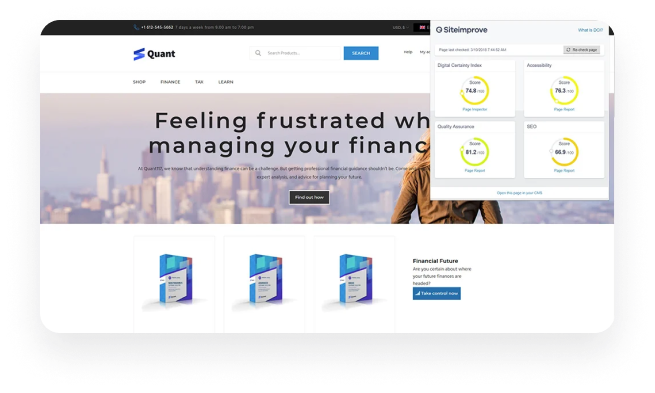 A website is displayed with the Siteimprove Browser Extension open, showing Digital Certainty Index (DCI) scores for Digital Certainty, Accessibility, Quality Assurance, and SEO.