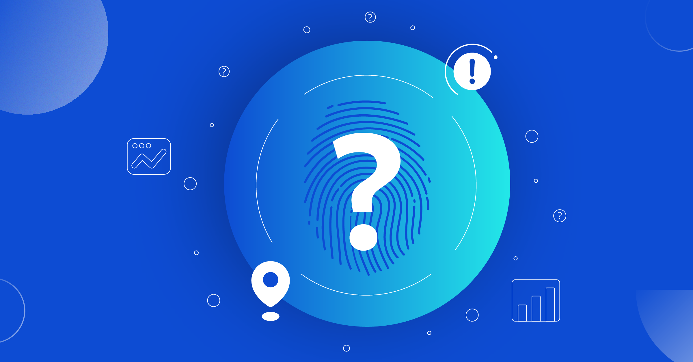 Image of a circle with a question mark on top of a finger print. there are icons around it to imply user data such as location and metrics