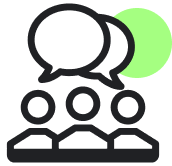 Group of people with speech bubbles above them and green circle