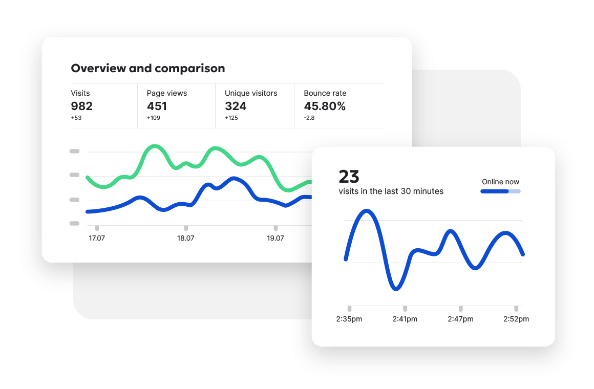 Dashboard showing line graph of overview and comparisons and line graph of visits in the the last 30 minutes.